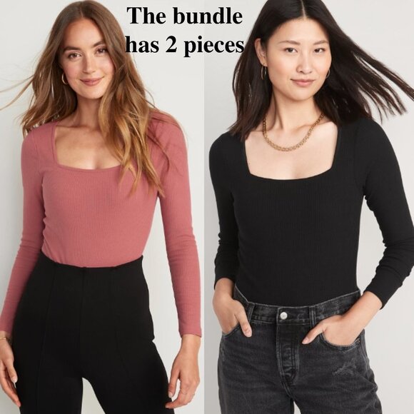 Old Navy Tops - Old Navy Long-Sleeve Square-Neck Rib-Knit Bodysuit Black & Pink, XS Petite
